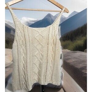 Crochet Sweater Tank Vest‎ Pullover Cream Cable Knit Women Medium Cottage Boho